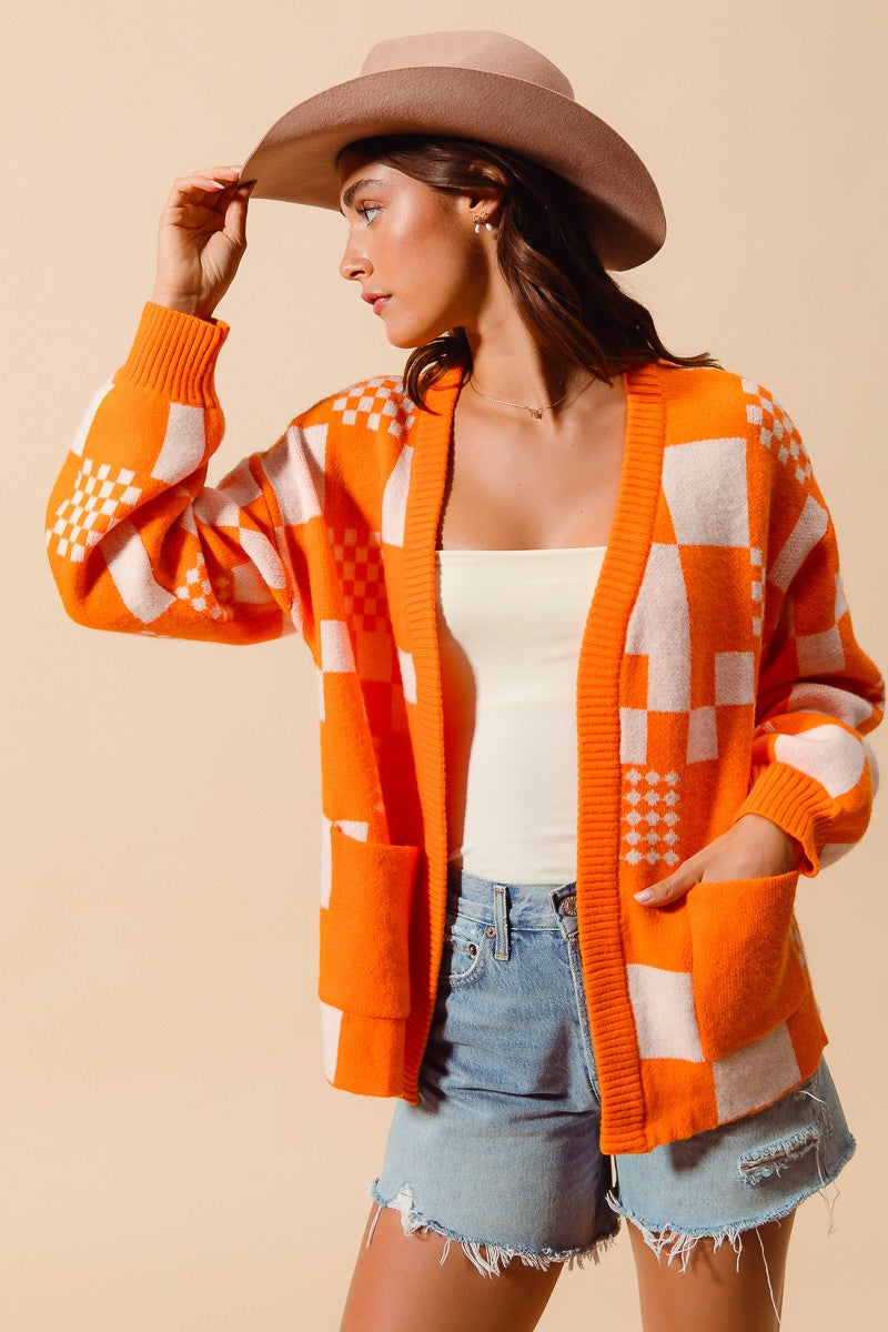 Checkerboard Open Front Cardigan in orange and white-front