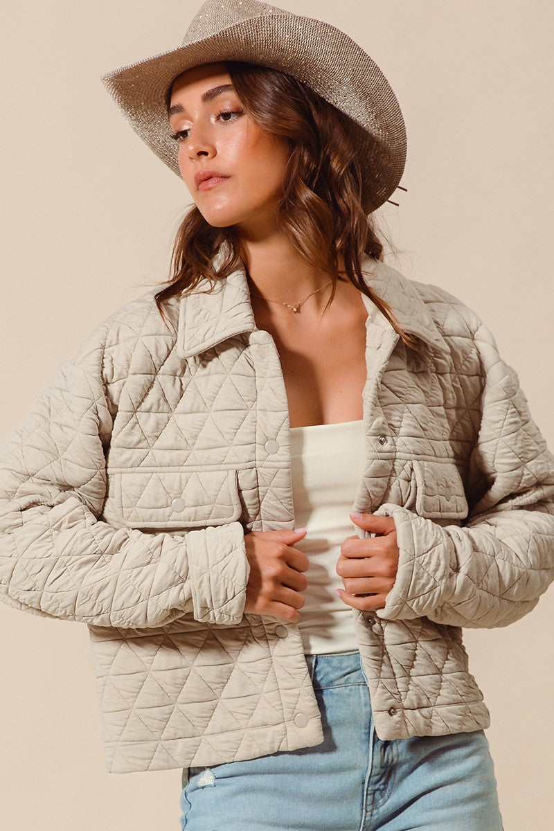 triangle quilting stitch button jacket in oatmeal-front