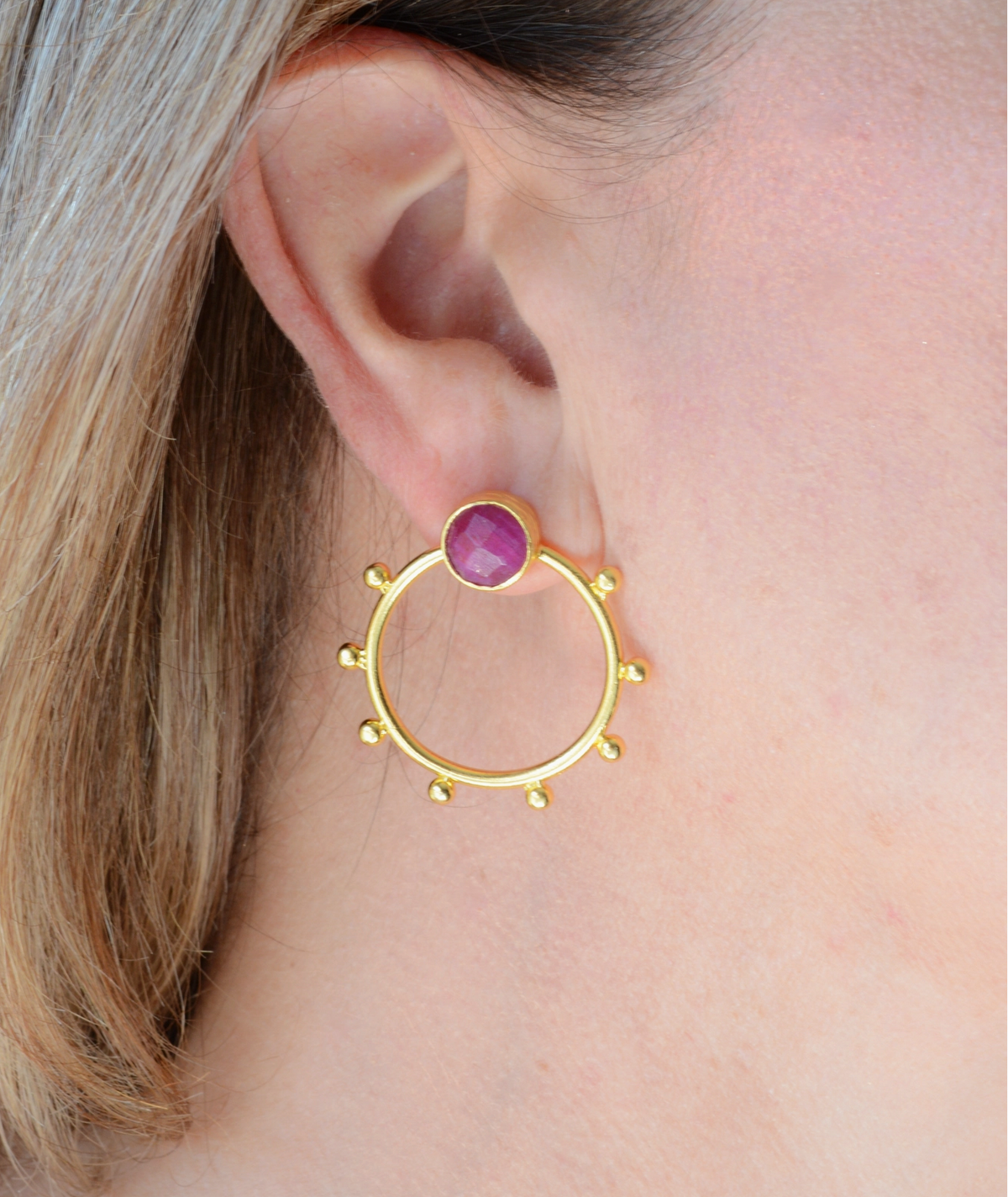 Gold Ruby Sphere Earrings