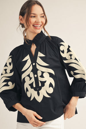 Baroque Applique Ruffle Neck Top