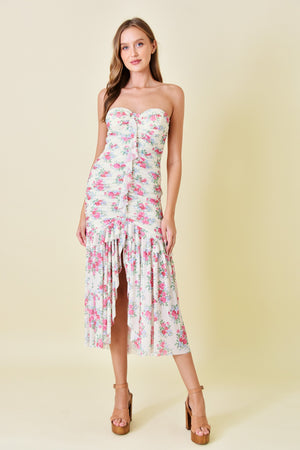 floral dreams ruched ruffle slit strapless maxi dress