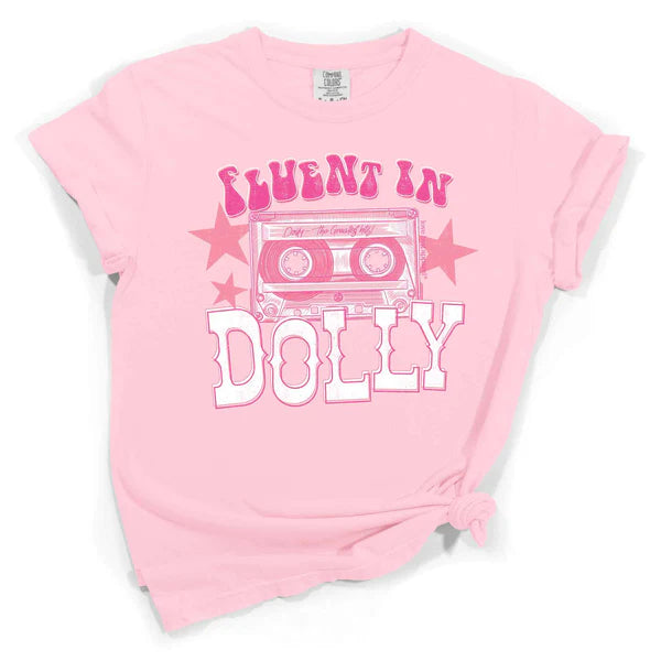fluent in dolly parton pink tshirt front view