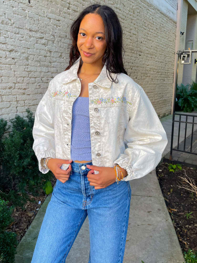 Floral Embroidered Elastic Hem Cropped Jacket