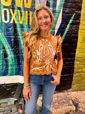 Flutter Sleeve Suede Embroidery Top