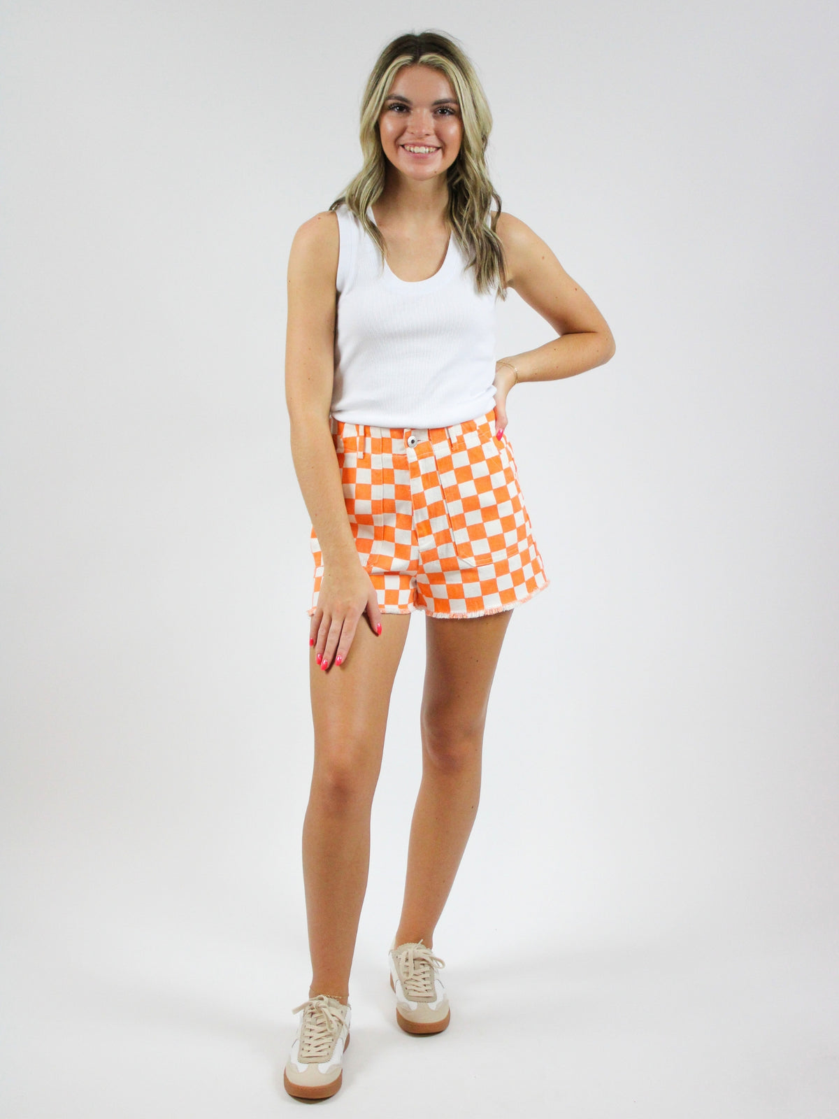 checker neyland orange and white cutoff denim shorts- front view full model