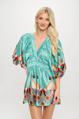Feather Kimono Sleeve Romper in teal 