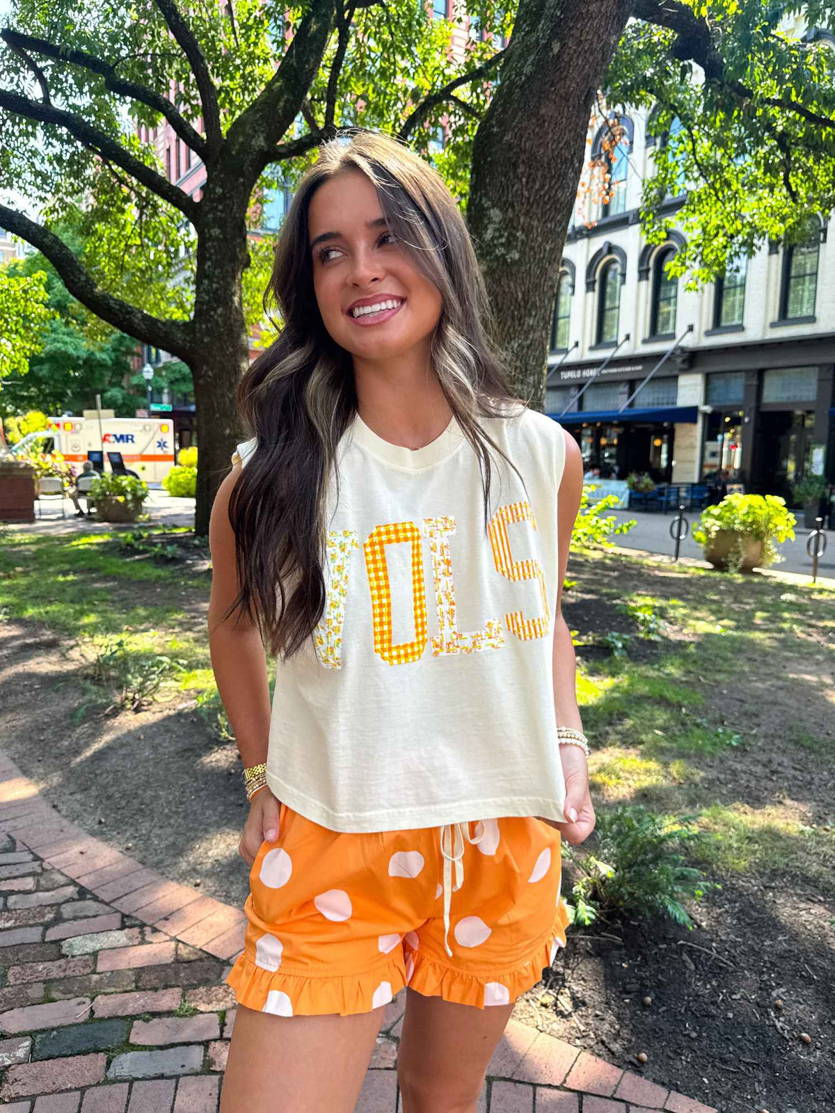 Orange Blossom Ruffle Hem Polka Dot Shorts
