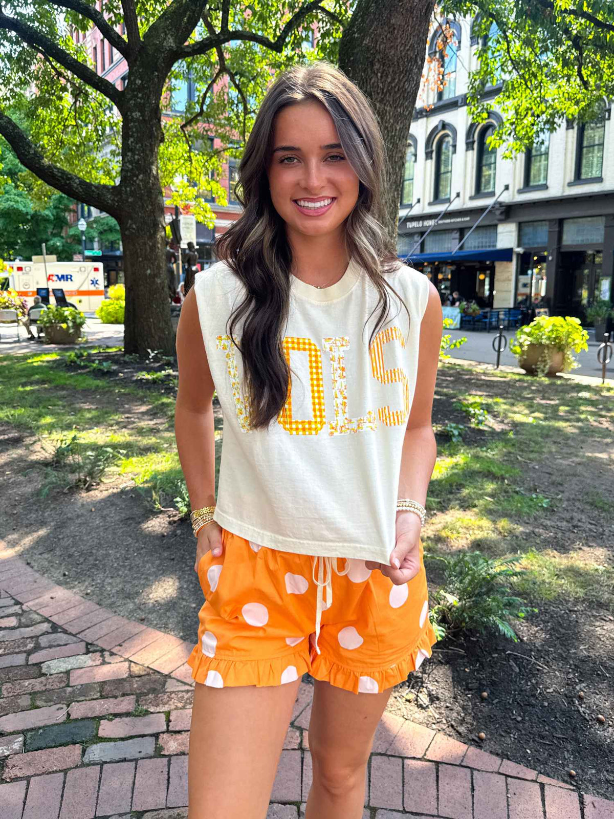 Orange Blossom Ruffle Hem Polka Dot Shorts