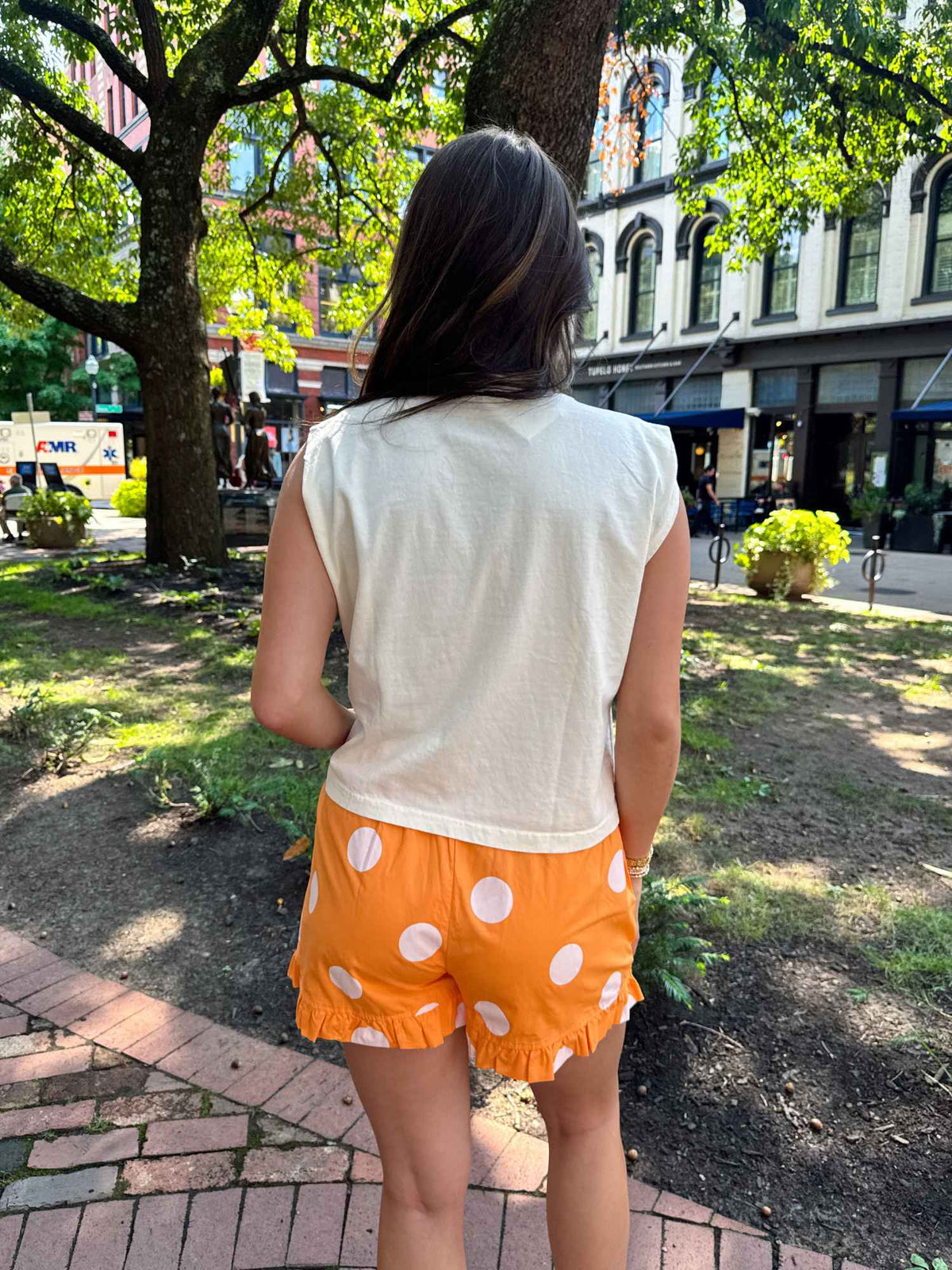 Orange Blossom Ruffle Hem Polka Dot Shorts