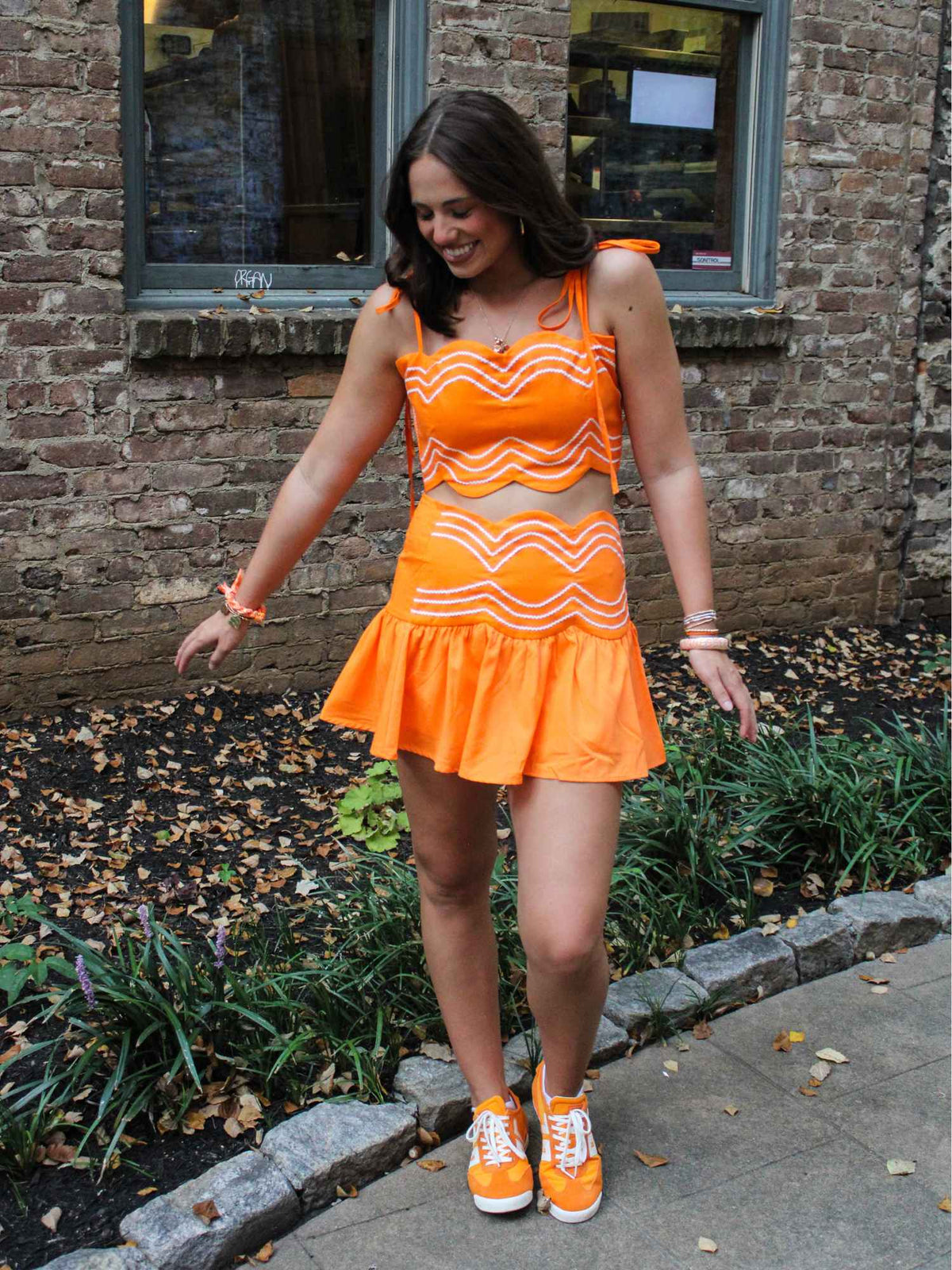 Orange & White Ric Rac Gameday Crop Top & Skort Set
