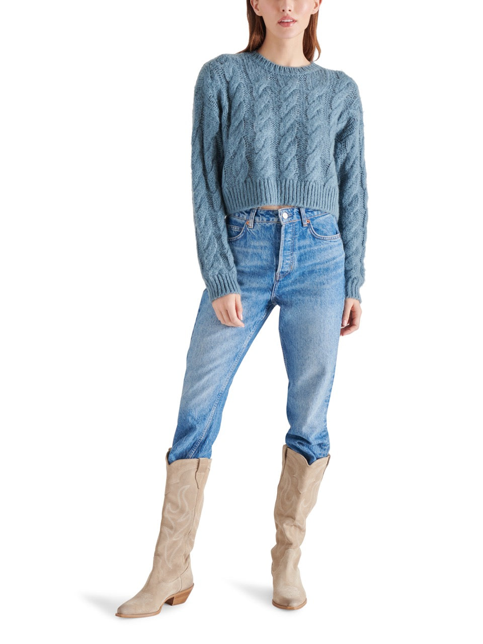 steve madden ceronne cable stitch sweater in blue dusk-front