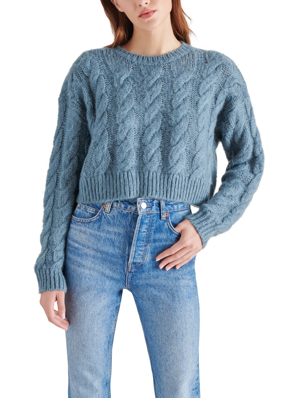 steve madden ceronne cable stitch sweater in blue dusk-front