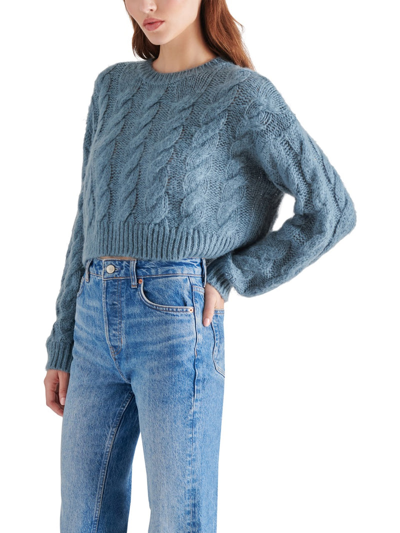 steve madden ceronne cable stitch sweater in blue dusk-back