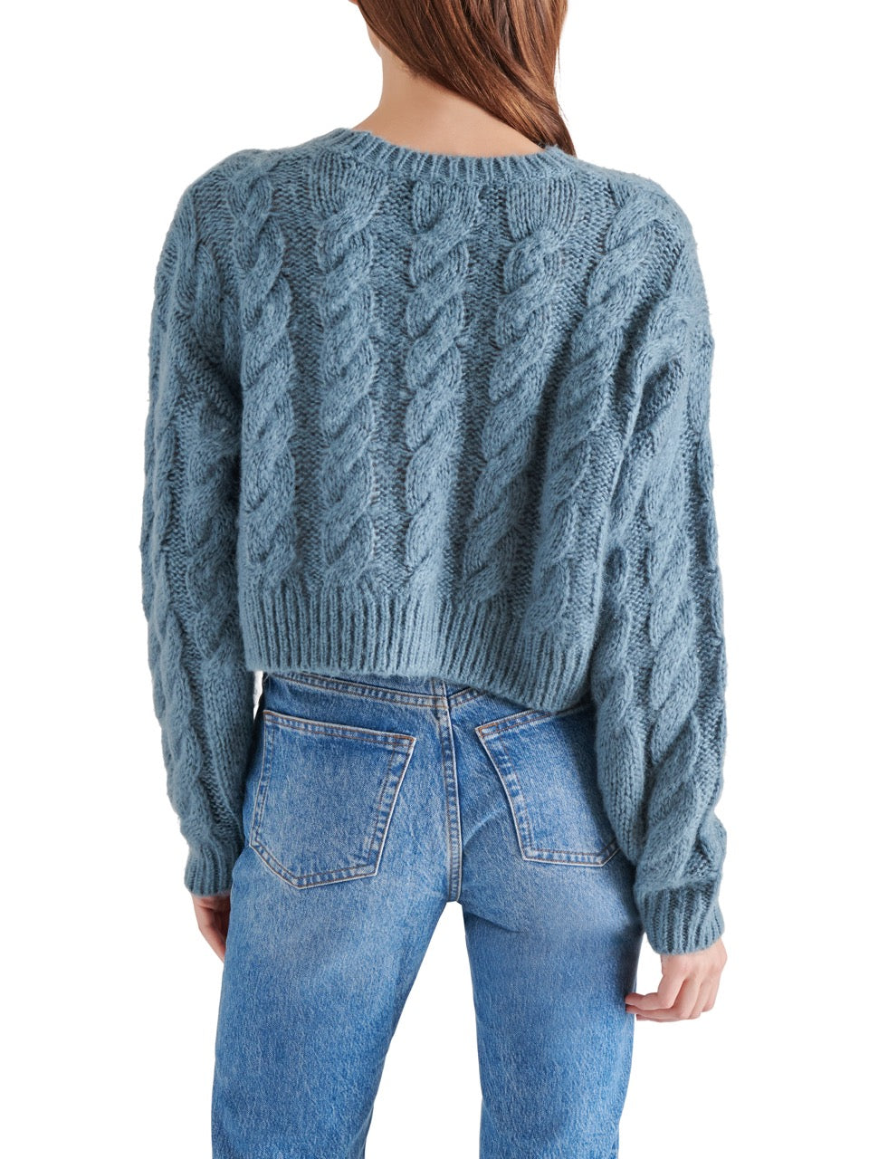 steve madden ceronne cable stitch sweater in blue dusk-back