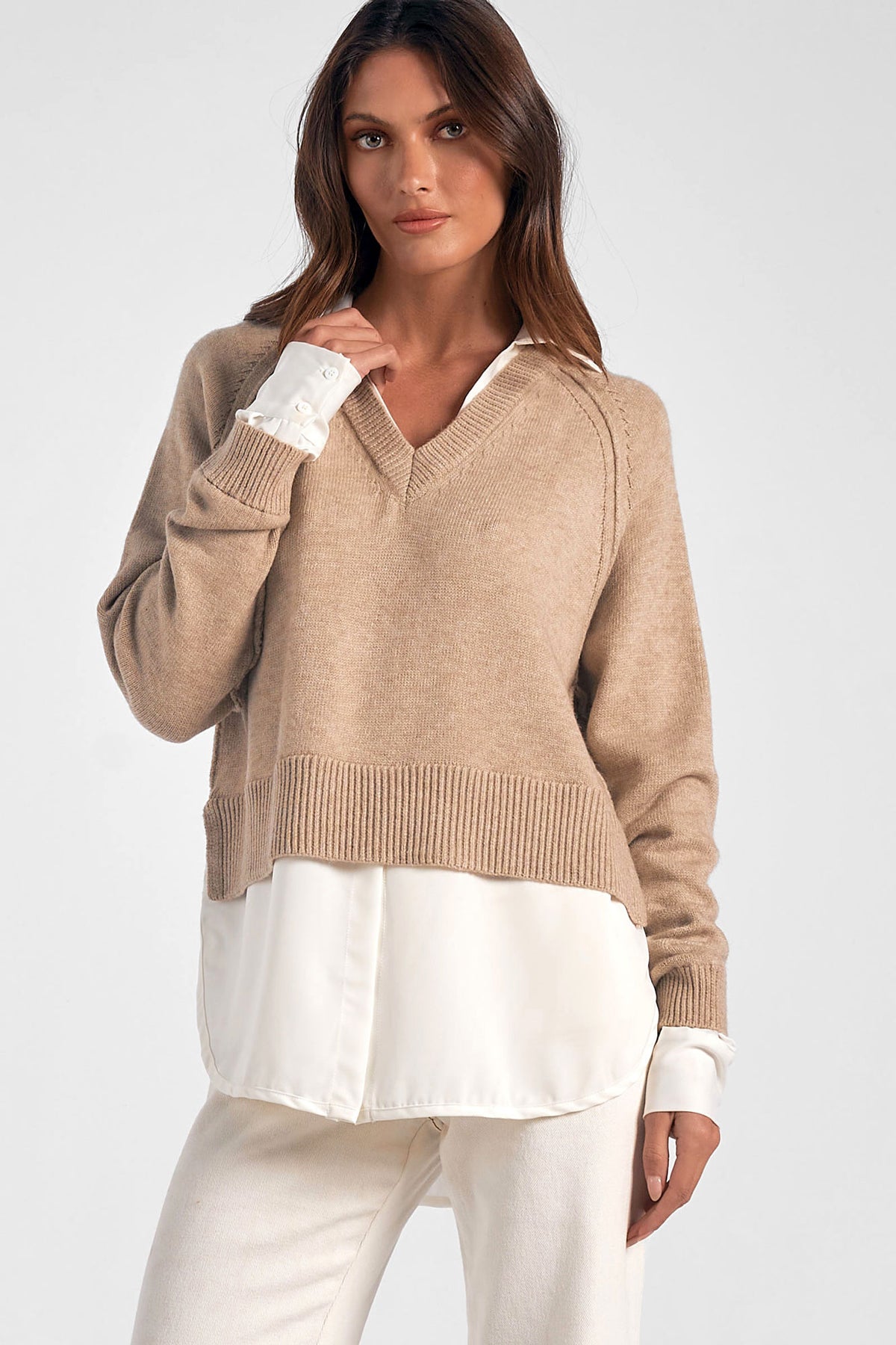 elan combo shirt sweater in taupe and white-front