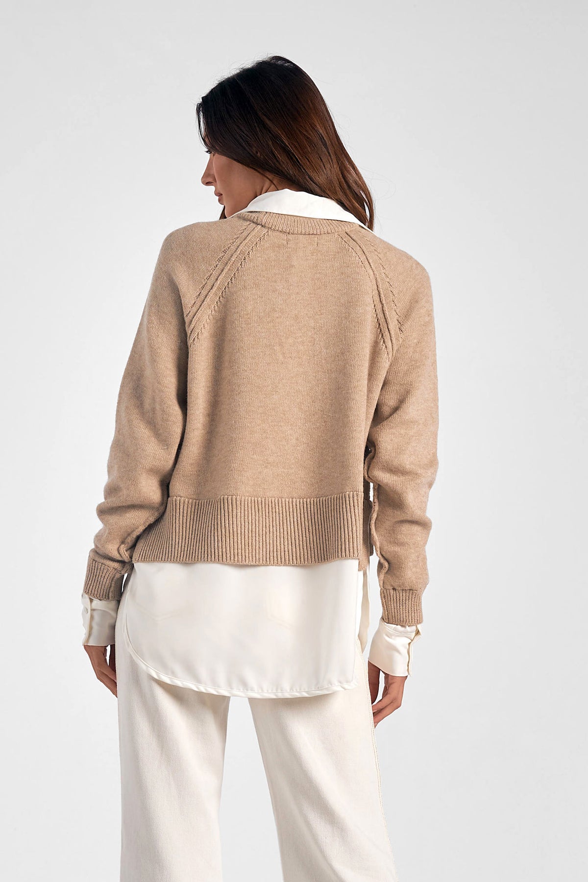 elan combo shirt sweater in taupe and white-back