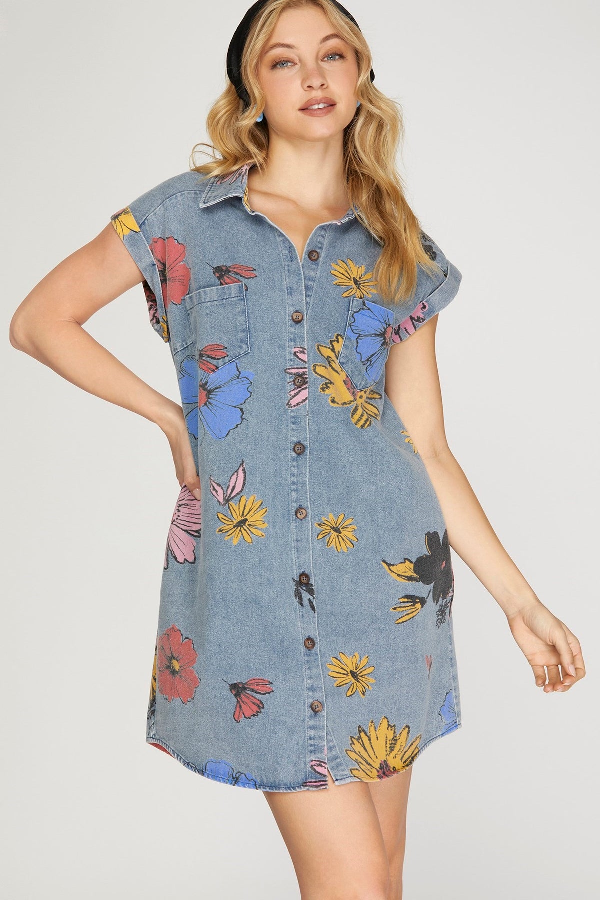 Flower Print Denim Shirt Dress