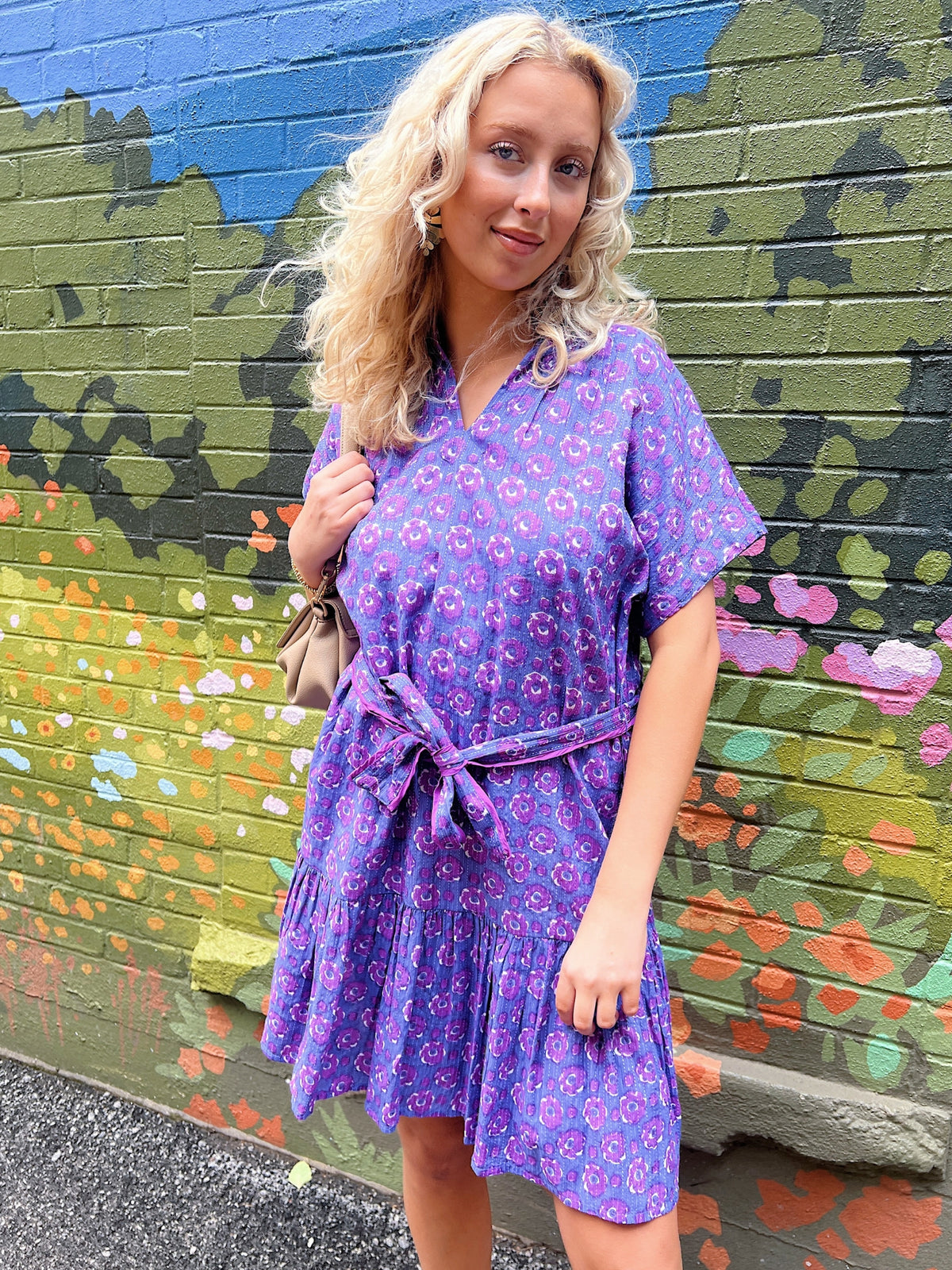 Uncle Frank Mock Kantha Stitch Floral Dress in periwinkle