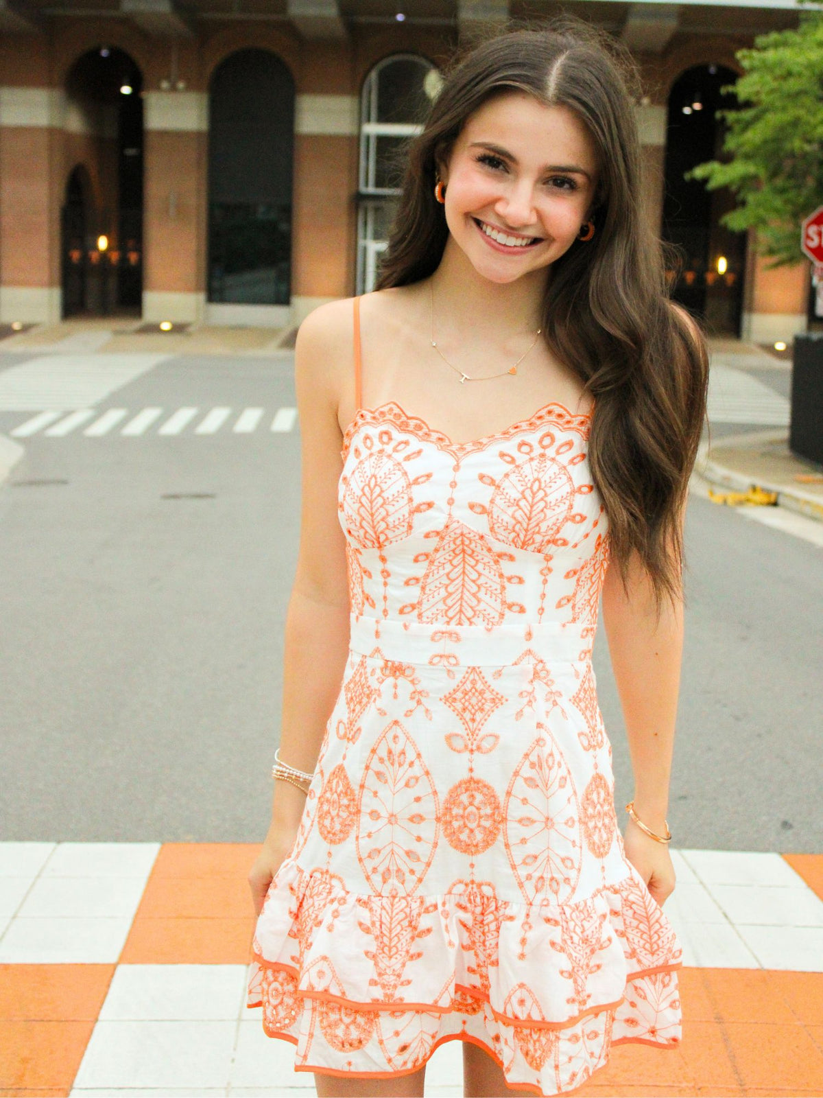 Victory Lane Embroidered Mini Dress orange white