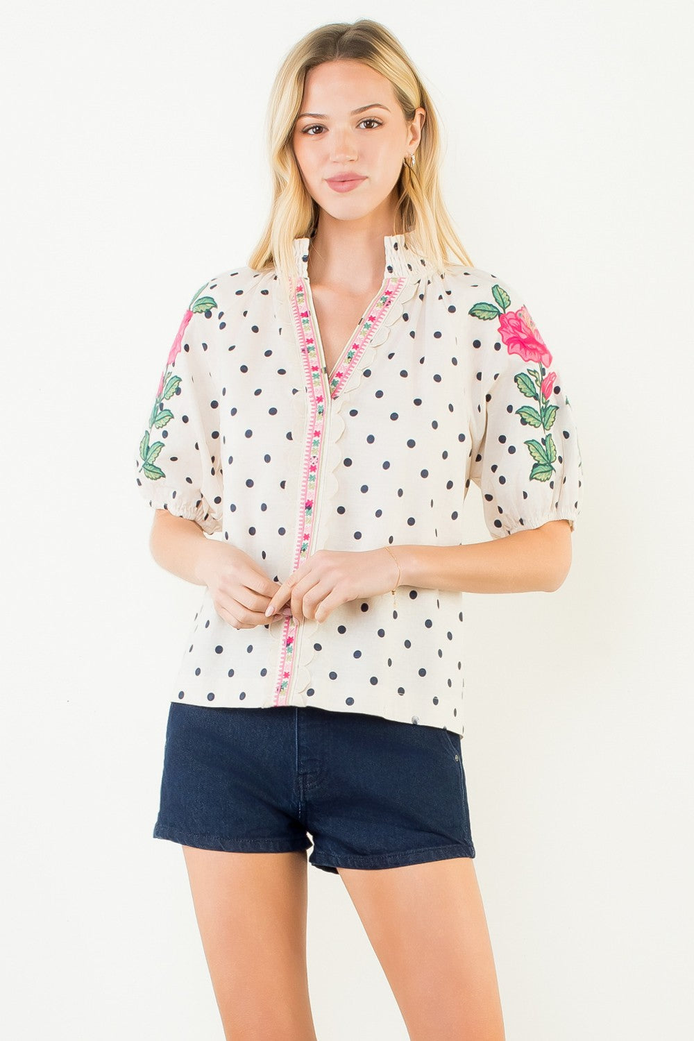Rosette Polka Dot Embroidered Blouse