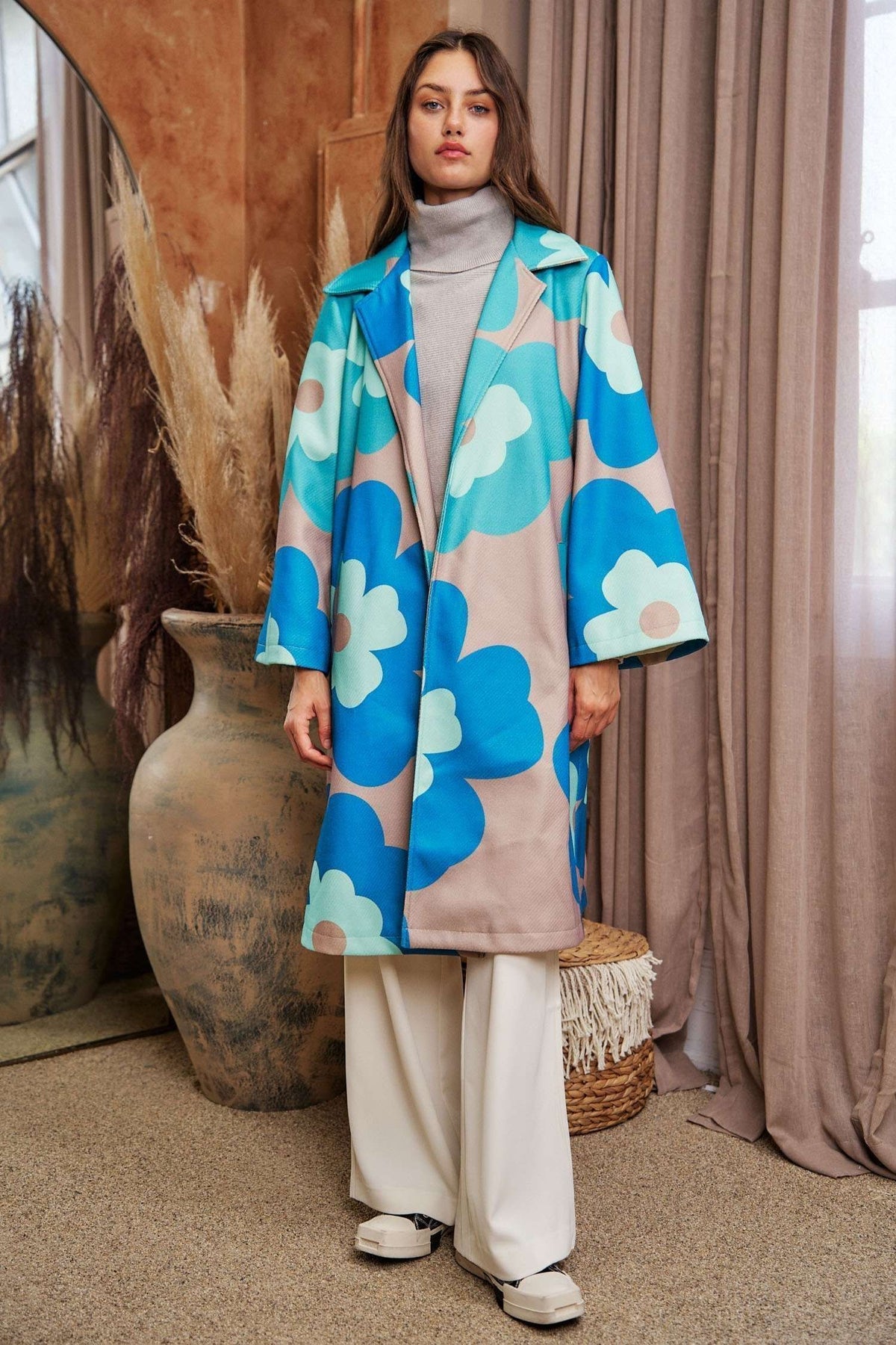 Retro Floral Bold Long Overcoat in Teal Green