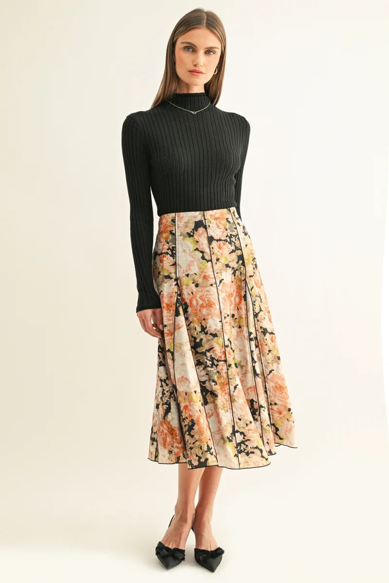 Adelyn Rae Amora Contrast Stitched Godet Midi Skirt black multi 