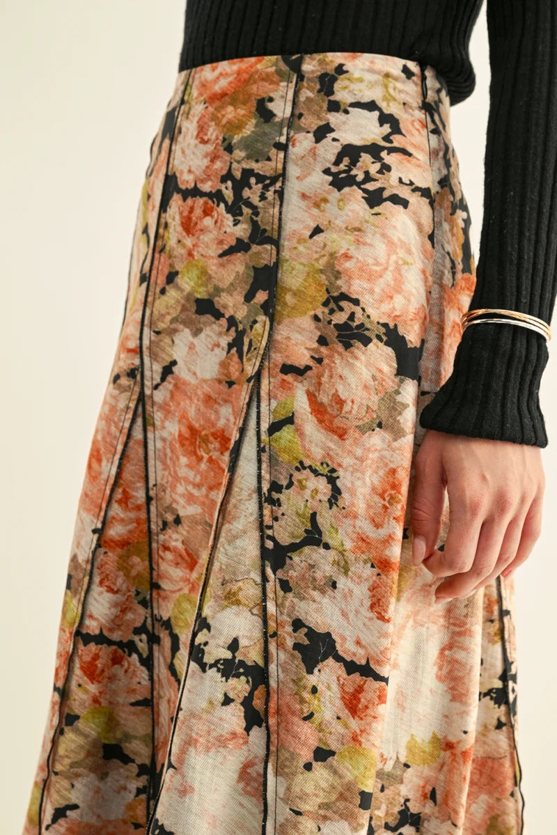 Adelyn Rae Amora Contrast Stitched Godet Midi Skirt black multi 