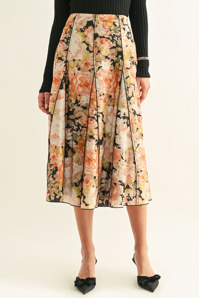 Adelyn Rae Amora Contrast Stitched Godet Midi Skirt black multi 