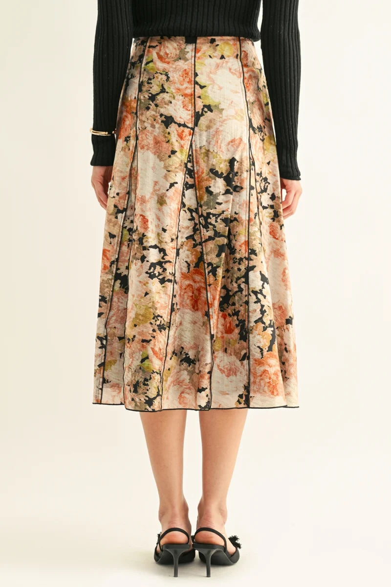 Adelyn Rae Amora Contrast Stitched Godet Midi Skirt black multi 