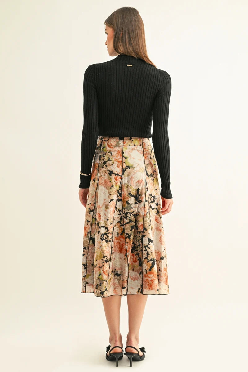 Adelyn Rae Amora Contrast Stitched Godet Midi Skirt black multi 