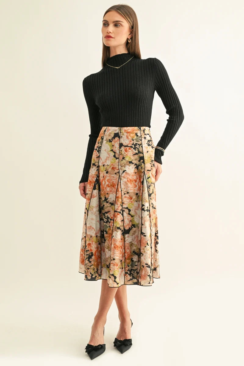 Adelyn Rae Amora Contrast Stitched Godet Midi Skirt black multi 