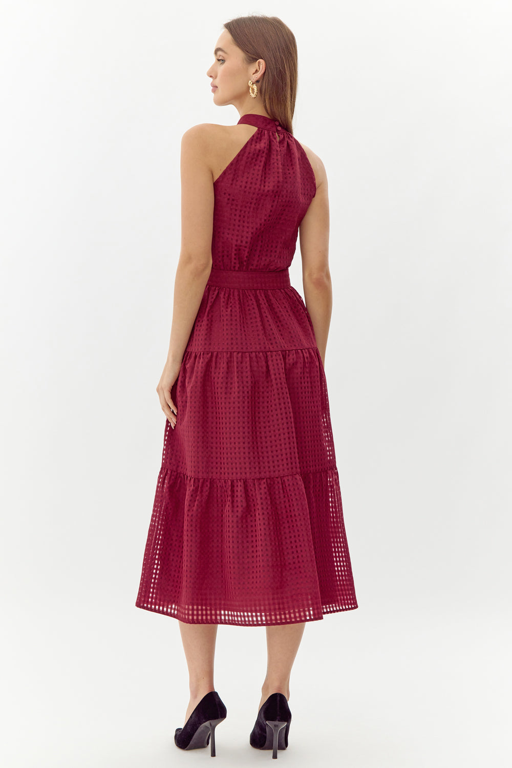 Adelyn Rae Angel Seersucker Halter Dress in burgundy-back