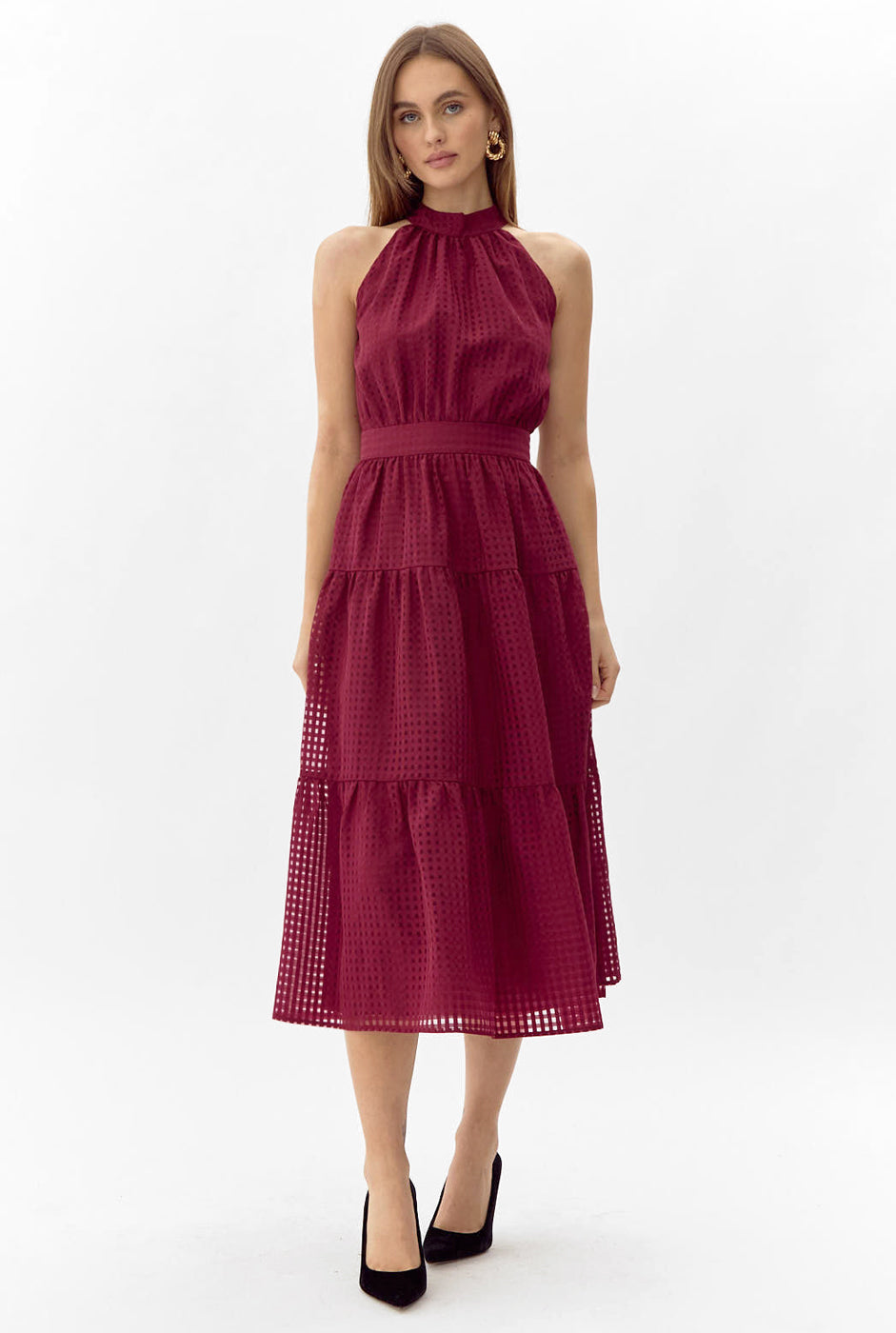 Adelyn Rae Angel Seersucker Halter Dress in burgundy-front