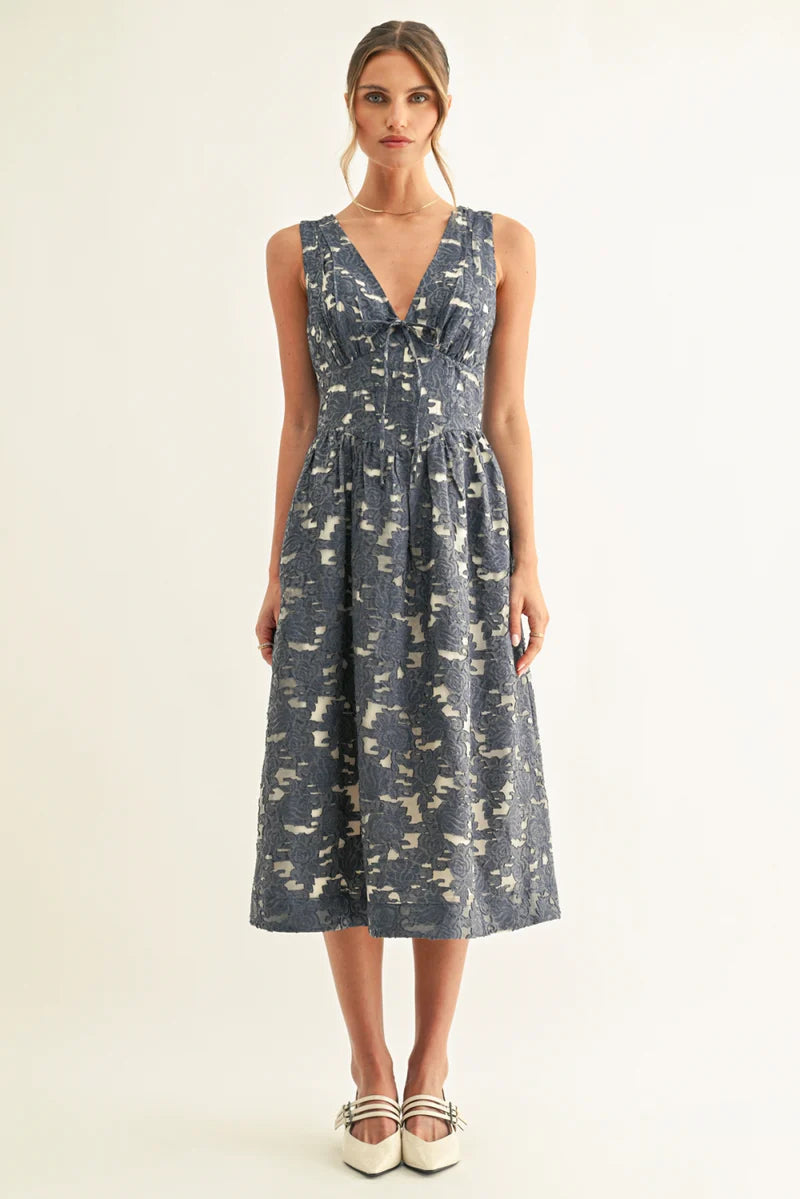 Adelyn Rae Arleta Jacquard Chambray Sleeveless Corset Midi Dress blue jacquard 