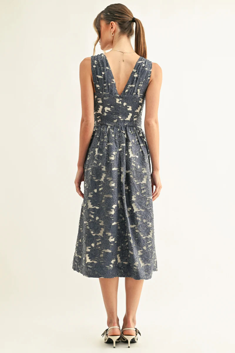 Adelyn Rae Arleta Jacquard Chambray Sleeveless Corset Midi Dress blue jacquard 