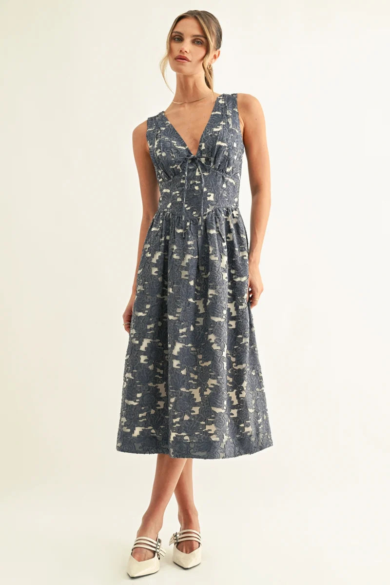 Adelyn Rae Arleta Jacquard Chambray Sleeveless Corset Midi Dress blue jacquard 