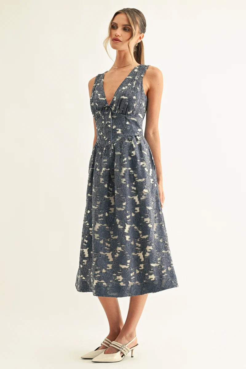 Adelyn Rae Arleta Jacquard Chambray Sleeveless Corset Midi Dress blue jacquard 