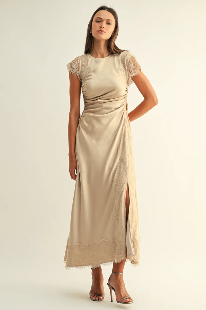 Adelyn Rae Camila Lace Contrast Rhinestone Satin Maxi Dress champagne 