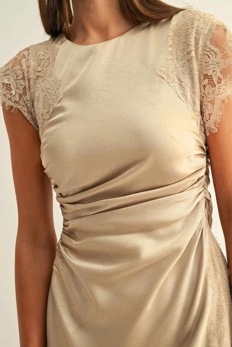Adelyn Rae Camila Lace Contrast Rhinestone Satin Maxi Dress champagne 