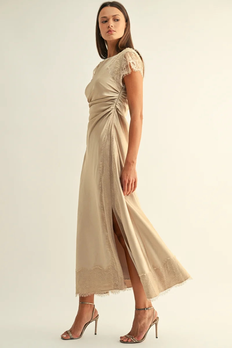 Adelyn Rae Camila Lace Contrast Rhinestone Satin Maxi Dress champagne 