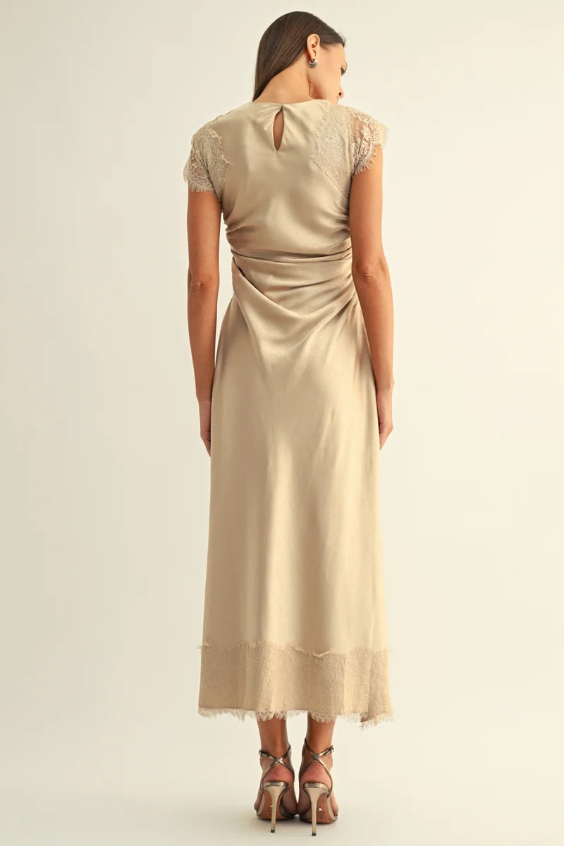Adelyn Rae Camila Lace Contrast Rhinestone Satin Maxi Dress champagne 