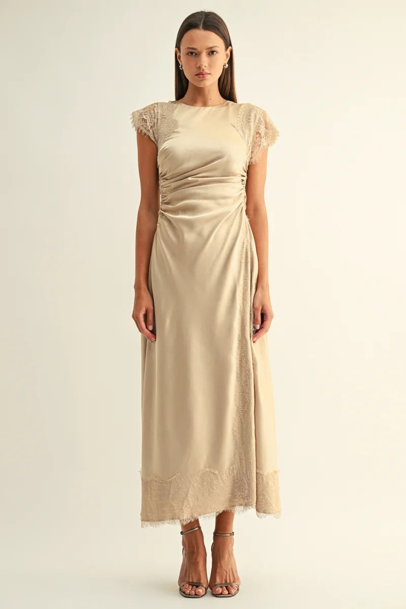Adelyn Rae Camila Lace Contrast Rhinestone Satin Maxi Dress champagne 