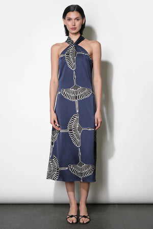 Adelyn Rae Cecelia Halter Ribbon Tie Satin Midi Dress navy 