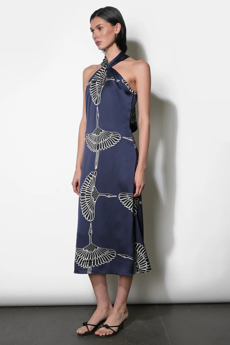 Adelyn Rae Cecelia Halter Ribbon Tie Satin Midi Dress navy 