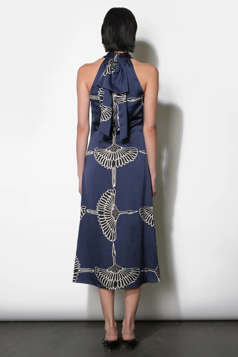 Adelyn Rae Cecelia Halter Ribbon Tie Satin Midi Dress navy 