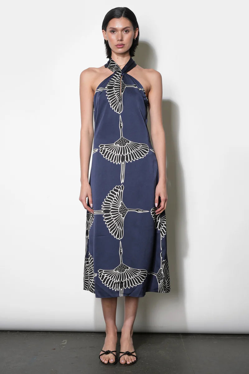 Adelyn Rae Cecelia Halter Ribbon Tie Satin Midi Dress navy 