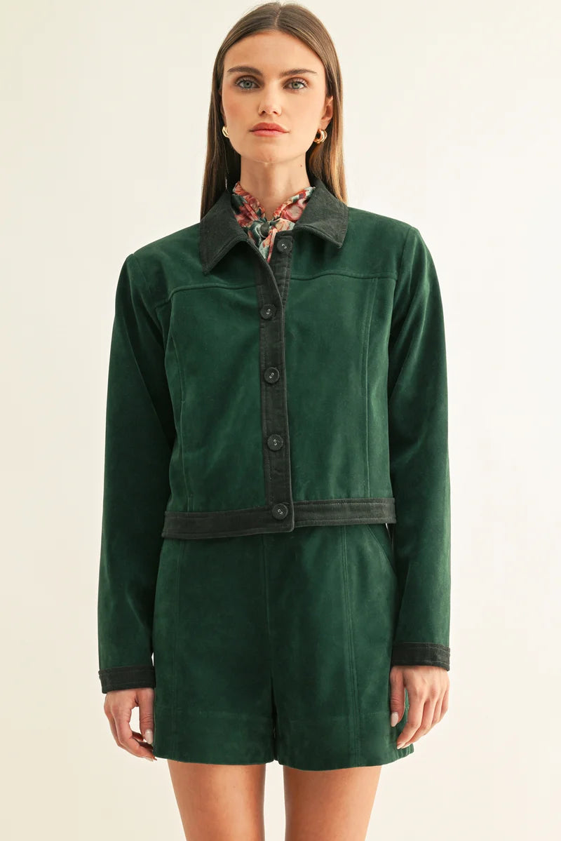 Adelyn Rae Celia Vegan Suede Cropped Jacket hunter green 
