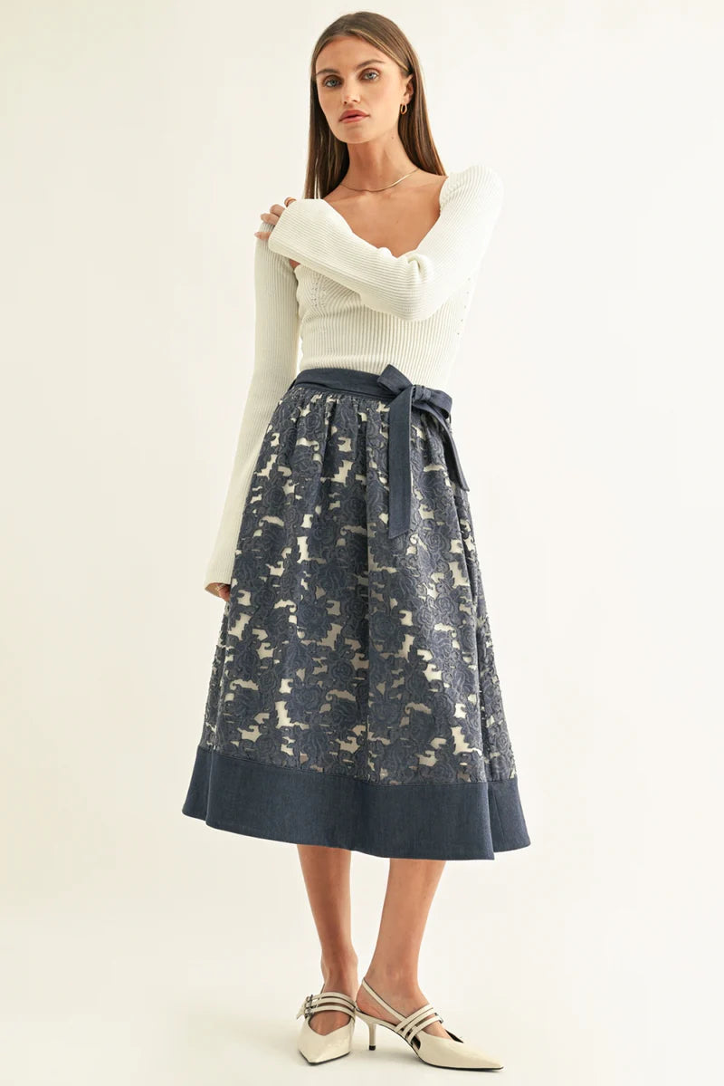 Adelyn Rae Crissa Jacquard Chambray Contrast Midi Skirt denim blue 