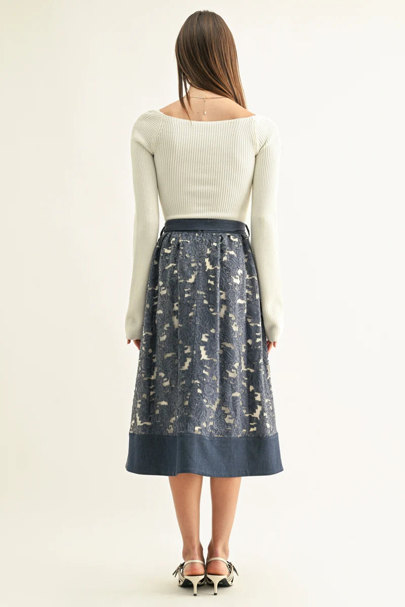 Adelyn Rae Crissa Jacquard Chambray Contrast Midi Skirt denim blue 
