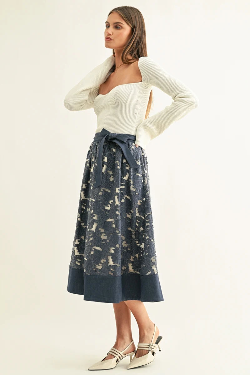 Adelyn Rae Crissa Jacquard Chambray Contrast Midi Skirt denim blue 